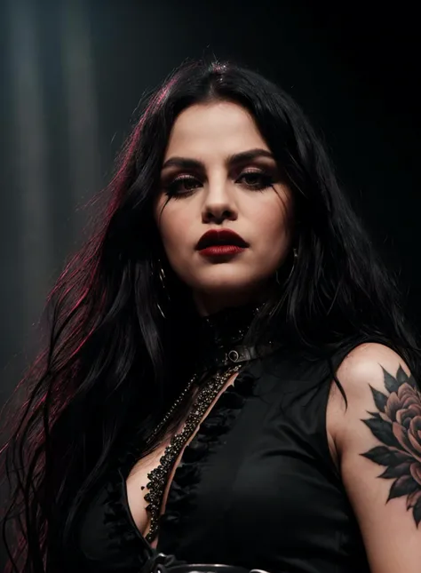 upper body, outside, beautiful woman<lora:S3l3n4G0m3z4-RealPersonTraining_4L-byShurik:1>
n the realm of music and darkness, a charismatic Gothic rockstar emerges, captivating audiences with their enigmatic presence. (Best quality: 1.3) The scene unfolds on a grand stage, adorned with intricate gothic-inspired set pieces and a backdrop of cascading black velvet curtains. (Masterpiece: 1.3) Every element is meticulously crafted, from the ornate details on the instruments to the shadowy lighting that accentuates the mystique of the performance. (8K: 1.2) The high-resolution imagery immerses the viewer in the theatrical atmosphere, capturing the subtle nuances of the rockstar's elaborate attire, adorned with leather, lace, and metal accents. (Close-up shot style: 1.4) The camera focuses on the rockstar's face, revealing the intensity in their eyes, highlighted by smoky eyeshadow and a bold swipe of crimson lipstick. (Realistic art style: 1.3) The artwork pays meticulous attention to the intricate tattoos adorning their arms and the meticulous styling of their jet-black hair, which cascades in wild waves. With an aura of both rebellion and vulnerability, they command the stage, their powerful voice resonating through the venue, captivating the audience with a mesmerizing blend of haunting melodies and raw emotions. The image encapsulates the essence of Gothic rock, portraying the fusion of darkness, passion, and artistic expression, (Full body: 1.2) as the rockstar's dynamic movements and commanding presence radiate an undeniable energy that electrifies the crowd. <lora:epiCRealismHelper:1> <lora:NSFWFilter:-1>