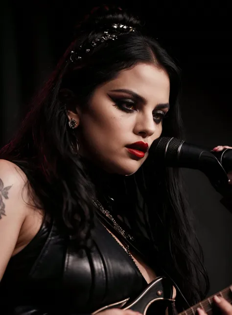 upper body, outside, beautiful woman<lora:S3l3n4G0m3z4-RealPersonTraining_4L-byShurik:1>
n the realm of music and darkness, a charismatic Gothic rockstar emerges, captivating audiences with their enigmatic presence. (Best quality: 1.3) The scene unfolds on a grand stage, adorned with intricate gothic-inspired set pieces and a backdrop of cascading black velvet curtains. (Masterpiece: 1.3) Every element is meticulously crafted, from the ornate details on the instruments to the shadowy lighting that accentuates the mystique of the performance. (8K: 1.2) The high-resolution imagery immerses the viewer in the theatrical atmosphere, capturing the subtle nuances of the rockstar's elaborate attire, adorned with leather, lace, and metal accents. (Close-up shot style: 1.4) The camera focuses on the rockstar's face, revealing the intensity in their eyes, highlighted by smoky eyeshadow and a bold swipe of crimson lipstick. (Realistic art style: 1.3) The artwork pays meticulous attention to the intricate tattoos adorning their arms and the meticulous styling of their jet-black hair, which cascades in wild waves. With an aura of both rebellion and vulnerability, they command the stage, their powerful voice resonating through the venue, captivating the audience with a mesmerizing blend of haunting melodies and raw emotions. The image encapsulates the essence of Gothic rock, portraying the fusion of darkness, passion, and artistic expression, (Full body: 1.2) as the rockstar's dynamic movements and commanding presence radiate an undeniable energy that electrifies the crowd. <lora:epiCRealismHelper:1> <lora:NSFWFilter:-1>
