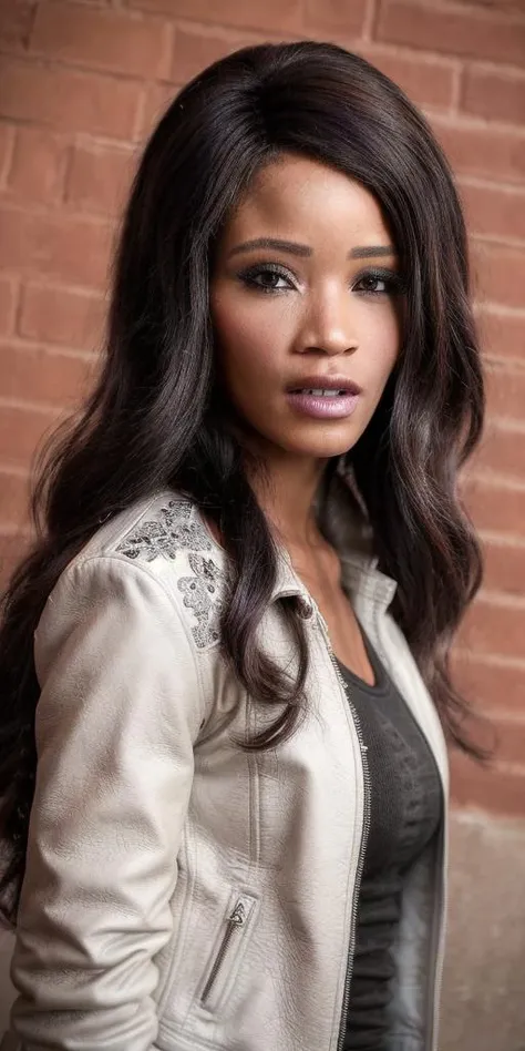 A stunning intricate full color (portrait:1.5) of kiki_minaj, (1girl:1.5), solo,
(front view:1.2), (centered:1.4),
medium breast,
(fit), (perfect antomy:1.3),
 in front of a (brick-wall:1.2),
wearing (leather-jacket:1.2) and (white_t-shirt:1.3),
looking at the viewer,
(8k, RAW photo, best quality, depth of field, ultra high res:1.2), (absurdres, intricate, photorealistic, masterpiece, ultra-detailed:1.3)
<lora:kiki_minaj:0.9>, <lora:add_detail:0.4>,<lora:more_details:0.5>,
