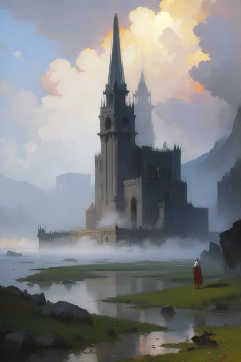 oil painting,Impressionism,oil painting with brushstrokes,masterpiece, best quality, detailed,landscape,epic,detailed background, the relic made of white marble, grand, fantasy, mystical, atmospheric volumetric fog,subsurface scattering,