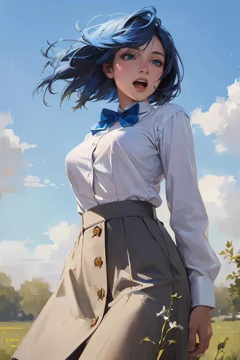 oil painting,oil painting with brushstrokes, masterpiece,best quality,masterpiece, best quality, solo, petite, short hair, blue hair, straight hair, blue eyes, white shirt, open mouth, bowtie, large breasts, button gap, blank eyes, blue sky, wind,<lora:GoodHands-beta2:1>