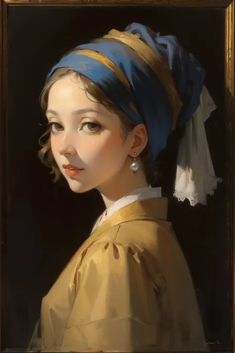 (oil painting,in Rembrandt style:1.1),(medieval portrait:1.2),oil painting with brushstrokes,masterpiece, best quality, detailed,portrait, A girl with a pearl earring,solo,three-quarter face, black eyes,lips,makeup,slightly open lips, Pearl earring,blue headband on yellow headscarf:1.2, White collar,yellow clothes, oil painting\(medium\),sidelight:1.4,shadow, from side,looking back,black background, simple background