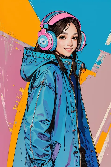 masterpiece, high quality, A girl, Hip hop background,wearing a baggy blue coat and headphones,<lora:J_pastel_color:0.9> j_pastel_colorï¼kind smile,presenting,