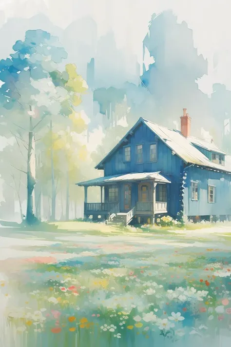(oil painting:1.1),Wooden house, the house is surrounded by a sea of flowers, vintage watercolor painting,skandinavian style, minimalistic and reduced color palette, blue. watercolor sketch,watercolor, fine color, fine brush strokes, high definition <lora:20231201-1701409019140:0.8>