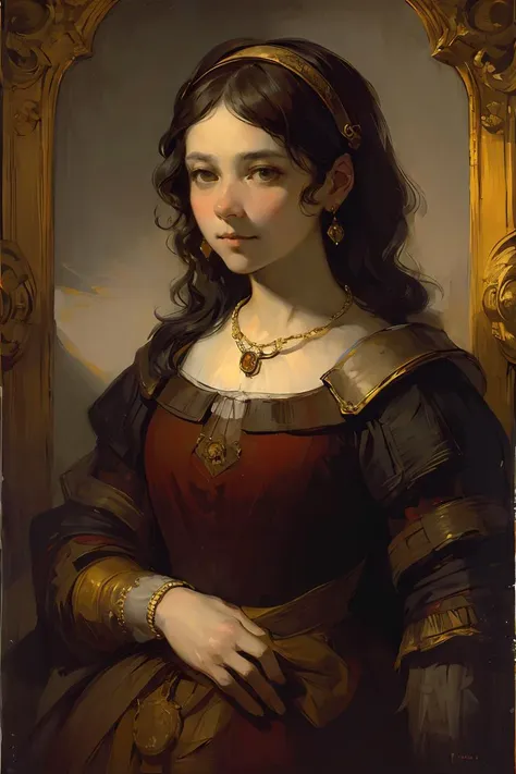 (oil painting,in Rembrandt style:1.1),(medieval portrait:1.2),oil painting with brushstrokes,masterpiece, best quality, detailed,portrait, 1woman,dress, necklace,Palace Portrait,dramatic lighting