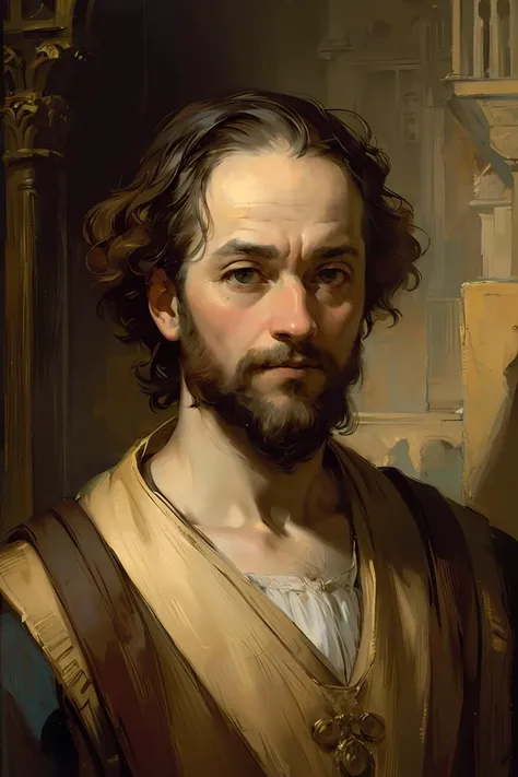 impressionistic style,oil painting with brushstrokes,masterpiece, best quality, ( ultra-detailed, best shadow),(detailed background,renaissance painting),old,realistic ,(Rembrandt),shiny skin,dramatic light, 1boy, adult, beard, classy, medieval street background