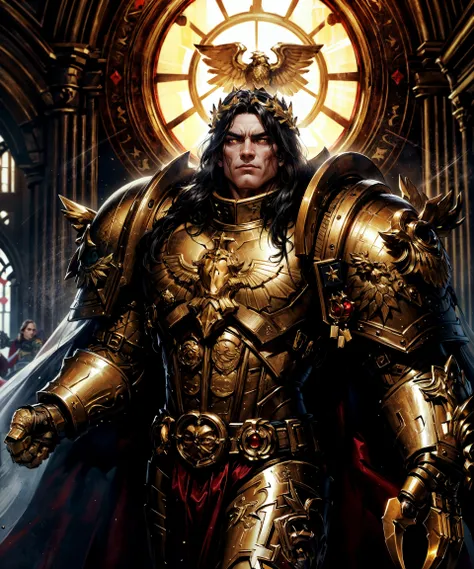 close-up, textured skin, oil painting, impressionism, Emperor of Man, regal (warrior:1.2), detailed handsome face, hypermasculine, strong jawline, glowing eyes, long black hair, (proud:1.2), detailed symmetric eyes, glowing yellow eyes, detailed realistic skin. Wearing golden armor, armored gloves, gauntlets, laurel crown, golden aura, cape, intricately detailed, wide shoulders, narrow waist, dynamic pose, (hand up:1.4), (claw \(weapon\):1.3),
indoors, gothic hall, throneroom, (warhammer 40k:1.2), (sunbeam:1.2), godrays, sunbeam, dim lighting, dark, heavy shadow, (extremely detailed, 8k), high detail, dramatic, dynamic composition, accent lighting, epic, metal reflections, depth of field,
golden ratio composition, rule of thirds, (masterpiece, absurdres, high quality, highres, best quality:1.3),
<lora:THE EMPEROR OF MANKIND MK1 by CCARAXESS:0.65> <lora:more_details:0.7> <lora:epi_noiseoffset2:0.7>