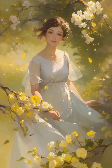<lora:20230920-1695177125669:0.8>, ART, (oil painting:1.1), 1girl,stars in the eyes,pure girl,(full body:0.5),There are many scattered luminous petals,hidding in the light yellow flowers,Depth of field,Many scattered leaves,branch,angle,contour deepening,cinematic angle, white dress, smiling,
