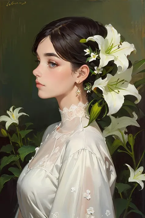 oil painting,Best quality,masterpiece,1girl,beautiful_face,eyebrows_visible_through_hair,lily_\(flower\),dress,holding_flower,from_side,