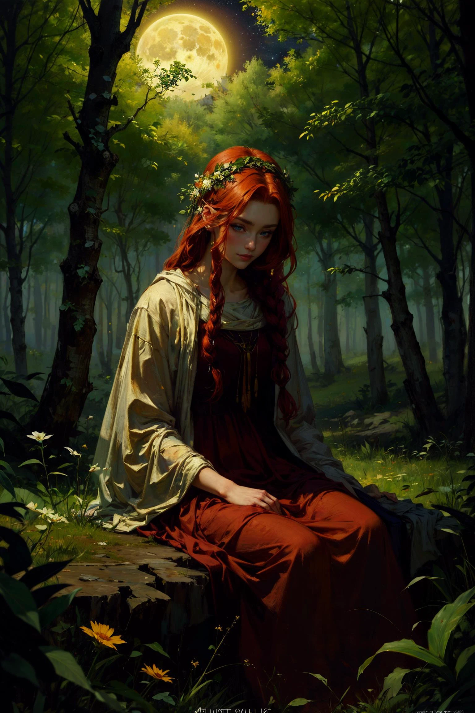 oil painting, druid queen, laurel, long red hair, flower braid, sitting, seductive, beautiful face, smirk, trees, full moon, moonlight, starry sky, shooting star, at night, bush, grass, in forest, (foggy forest in background:1.1) BREAK dark theme, impressionism, fine art,, van gogh style, masterpiece, best quality, ultra_detailed, highres, absurdres, 8k wallpaper, 8K raw photo, dynamic lighting, cinematic lighting, highly detailed, official art,flawless, sharp focus, exquisite details and textures, delicate and beautiful, absurdres, ray tracing, g0s1 <lora:tools/epiNoiseoffset_v2> <lora:tools/add_detail:0.5> <lora:tools/colorize> <lora:themes/g0s1 - Ghost:0.3>