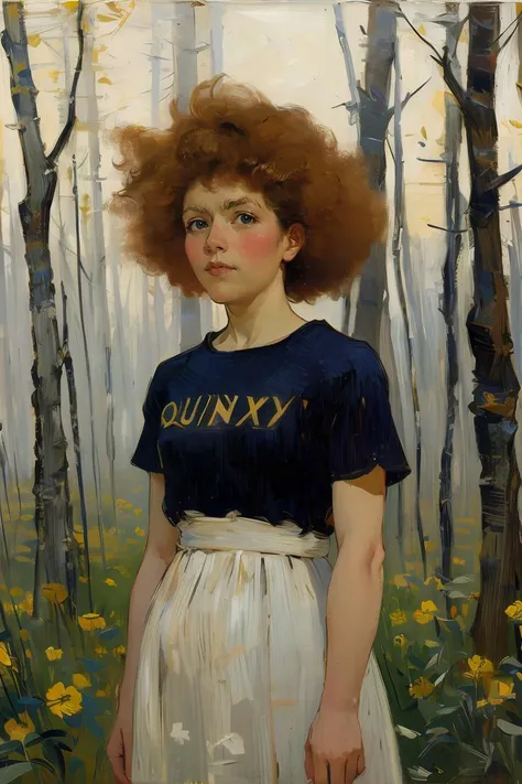 (close-up:1.1) illustration of woman, (looking at viewer:1.3) BREAK (wearing onyx t-shirt:1.2) BREAK (gold afro hair:1.2), BREAK (foggy forest in background:1.3) BREAK , dark theme, <lora:add_sharpness:0.6>, impressionism, fine art, <lora:Painting:1>, van gogh style,