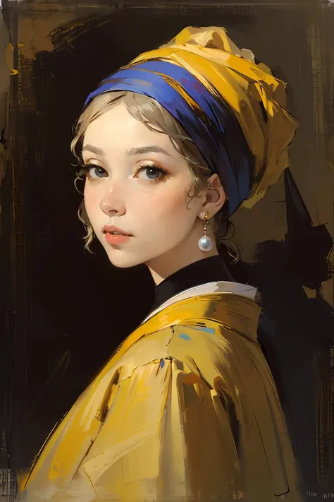 (oil painting,in Rembrandt style:1.1),(medieval portrait:1.2),oil painting with brushstrokes,masterpiece, best quality, detailed,portrait, A girl with a pearl earring,solo,three-quarter face, black eyes,lips,makeup,slightly open lips, Pearl earring,blue headband on yellow headscarf:1.2, White collar,yellow clothes, oil painting\(medium\),sidelight:1.4,shadow, from side,looking back,black background, simple background