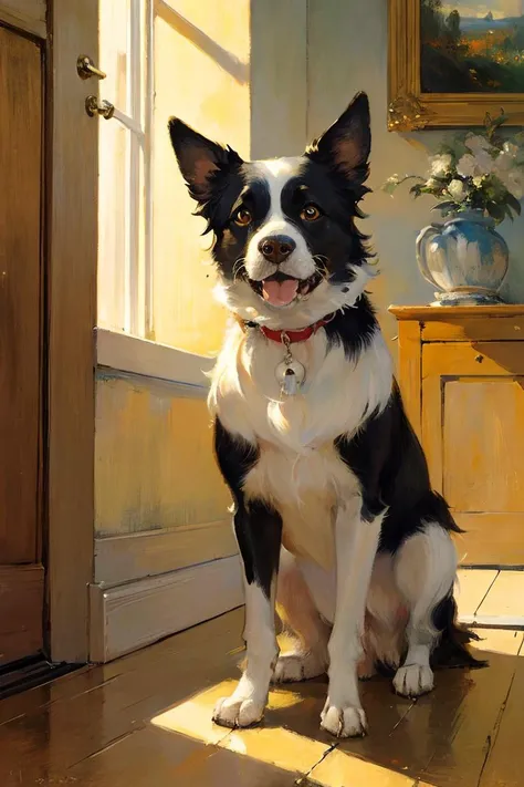 A cute border collie wagging its tail happily, Oil on canvas, Impressionism, [style of Claude Monet, style of Pierre-Auguste Renoir], Highly detailed painting, cheerful composition, warm color palette, Natural lighting, golden hour, realistic, intricate details,