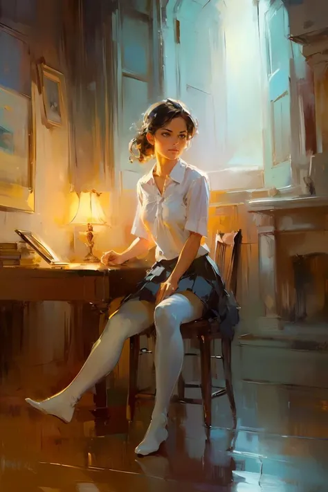 OIL PAINTING,IMPRESSIONISM, <lora:DWM_painting:0.6>,asia girl,(in library),Poetic lens,obscure light and shadow,nostalgia in blue,aestheticism,lace,brooding,emotional depth,1girl,solo,expressive brushwork,pastel hues,, ultra realistic 8k cg, picture-perfect face, flawless, clean, masterpiece, professional artwork, famous artwork, perfect face, beautiful face, beautiful eyes, ((perfect female body)), solo,(immersive atmosphere, chiaroscuro:1.5,bright light:1.2,luminous lighting) ,,(blush:0.5),seductive expression,extremely detailed_eyes,thick thighs,large breasts, beautifully detailed background,depth of field,realistic:1.3, long shot,1girl,shirt,pleated skirt, school uniform, sitting, full body, (ambient light:1.3),(cinematic composition:1.3),(neon lights:0.1),(HDR:0.1),Accent Lighting, white pantyhose,