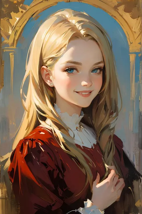 art by John Singer Sargent, impressionistic style,oil painting with brushstrokes,masterpiece, best quality, detailed,Female portrait, beautiful woman, long blond hair, eyes looking at camera, ((smiling)), open smile, red dress, acrylic painting,epic surreal background,