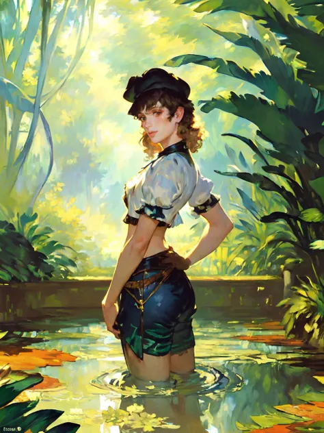 (cinematic still, wide high dutch angle, cowboy shot, from side 1girl young Andean woman thigh deep in swamp wading water ripples through moat surrounding temple touching inscription on ancient Incan temple wall looking back at camera:1.4),(in front of entrance to ancient haunted temple),(tan, 24 years old, heart shaped butt, Dimples of Venus (fit, slender, skinny waist, athletic:1.1), white crop top, subsurface scattering, young Andean woman, fashionista:1.2),(brown backlit hair, medium length, curly:1.3),vintage leather satchel,fedora,(clear poncho),(style of Charles Vess:1.3),tight shorts,vines growing up wall,(small slithering snake on water fountain:1.2),(small shimmering metallic blue morpho butterflies:1.1),(look of delight and discovery:1.1),dense jungle,exotic birds,ancient civilization's secrets,golden hour glow,soft sunlight filtering through the leaves,subsurface scattering,lush jungle backdrop with vibrant green foliage,intricately detailed environment,(volumetric Chiaroscuro++ lighting Tyndall Effect:1.3), (Oil texture,strokes,Vintage Impasto style,Artisanal Expressive ,Loose bold style of Édouard Manet:1.7)
