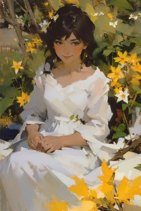 Fechin,oil painting,IMPRESSIONISM, 1girl,stars in the eyes,pure girl,(full body:0.5),There are many scattered luminous petals,hidding in the light yellow flowers,Depth of field,Many scattered leaves,branch,angle,contour deepening,cinematic angle, white dress, smiling, <lora:å°¼å¤æÂ·è´¹é¦ï¼Nicolai Fechinï¼æ²¹ç»é£æ ¼_v1.0:0.8>