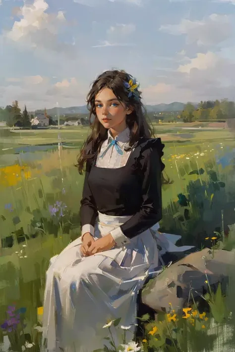 (young maid scandinavian girl :1.2),  sitting on top of a stone in front of longhouse,  Impressionism,oil painting with brushstrokes, 1girl, blue eyes, flower field, hair flower, hair ornament, lips, long hair, looking at viewer, nose, solo, upper body, (flax pleated dress) <lora:bichu-v0612 :0.7>