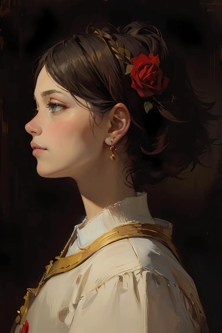 (oil painting,in Rembrandt style),(medieval portrait),oil painting with brushstrokes,masterpiece, best quality,detailed face,portrait, 1 woman, profile , view by side, wearing a red rose on her hair near her ear,black background, simple background ,hyper-realistic, aquatint, realism, trending on ArtStation, crisp focus, <lora:GoodHands-beta2:1>