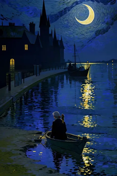1 girl, double ponytail hairstyle, 15 (yo), white hair, dark fairy tale, gloomy style, sparkling lake surface, evil atmosphere, Gothic style, yellow moon, sky, (detailed strokes), Van Gogh style, high-definition, rich and complex details. 8K. all over <lora:æ¢µé«æç»:0.8>