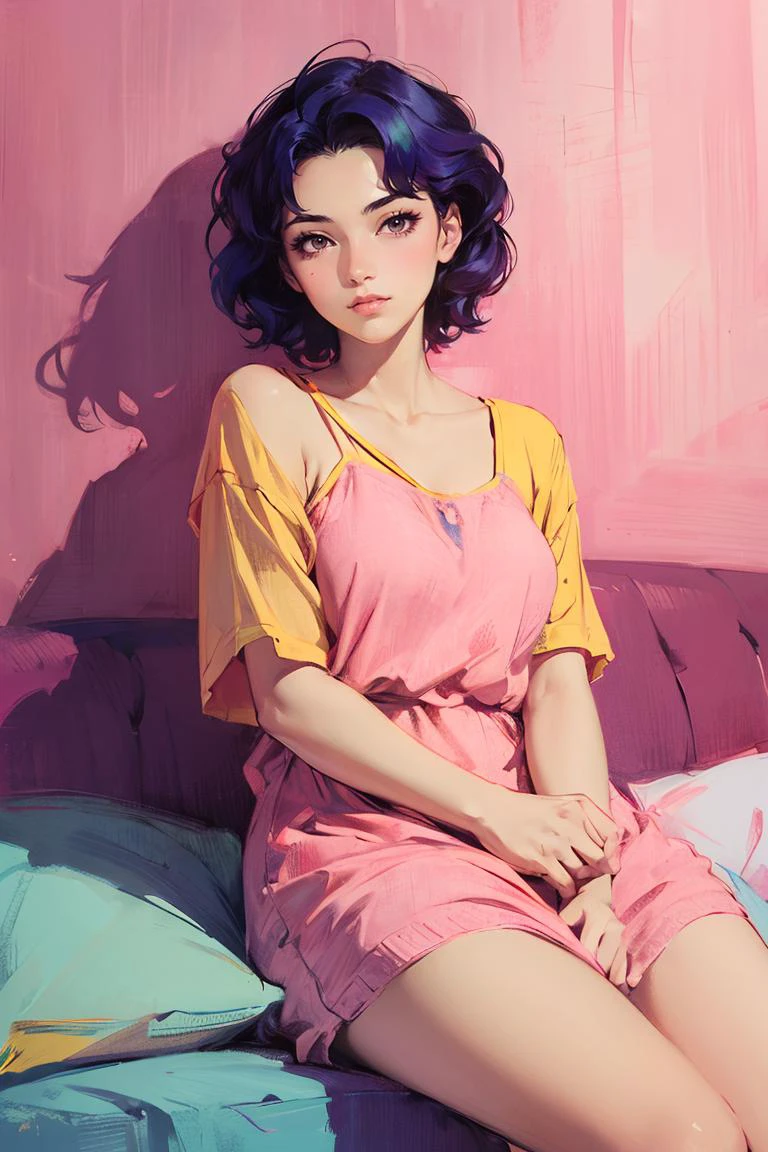 masterpiece, best quality, 1girl, sketch, vaporwave, cozy, pink and yellow, retro, soft,