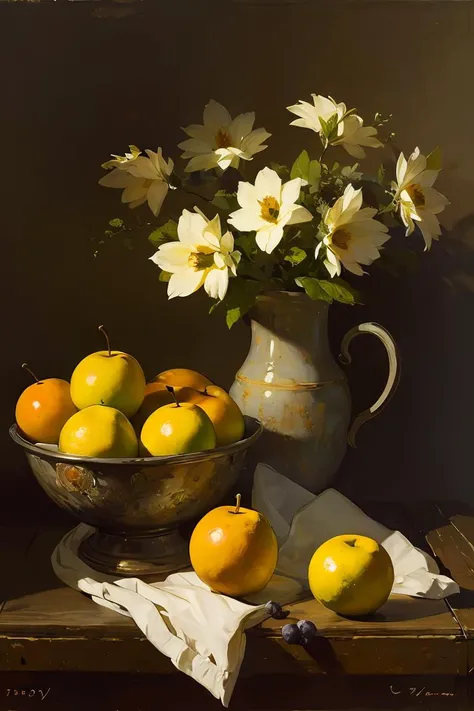 OIL PAINTING,IMPRESSIONISM,(masterpiece, best quality, ultra-detailed, best shadow),(detailed background),old,realistic ,(Rembrandt light), no humans,(still_life:1.1), fruit ,flowers,<lora:still_life_v3:0.8>