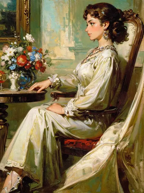 (Masterpiece:1.2), (best quality:1.2), (super high resolution:1.2),
Half-length portrait of woman, profile, sitting on a chair, retro dress, brown curly hair, aristocrat, sapphire necklace, silver earrings, Renaissance, 17th century portrait, flowers, vase, style of Lovis Corinth,