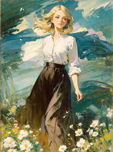 (Masterpiece:1.2), (best quality:1.2), (super high resolution:1.2), A girl, wearing a long skirt and short blond hair, dances among the bushes and flowers, with birds flying, blue sky and white clouds, backlight, morning sunshine, 19th century, impressionist style, style of Lovis Corinth