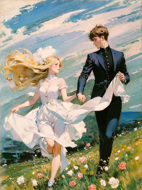 (Masterpiece:1.2), (best quality:1.2), (super high resolution:1.2),
A couple, wedding, boy\(brown shirt, black pants\), girl\(white dress, long blond hair\), holding hands, running, spring, blue sky and white clouds, flower field, roses, jasmine, roses, birds, retro , 16th century, Renaissance, (style of Pierre Bonnard:1.2)