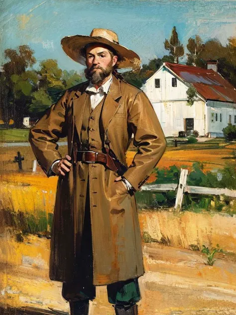 (Masterpiece:1.2), (best quality:1.2), (super high resolution:1.2),
Full body portrait of man, bearded, brown linen hat, belt, one hand on hip, joy of harvest, standing, farmer, farm, sheep, fence, background is wooden house, outdoors, tree branches, Renaissance, 17th century portrait, style of Lovis Corinth ,