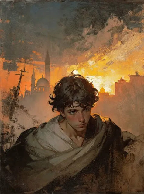 (Masterpiece:1.2), (best quality:1.2), (super high resolution:1.2),
1boy, white_curly hair, short hair, black robe, upper body, outdoor, St. Peter's Basilica, sunset, fog, broken, epic, magnificent, 15th century, medieval Europe, Peder Balke style,