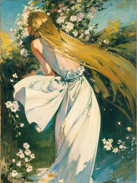 (Masterpiece:1.2), (best quality:1.2), (super high resolution:1.2), A girl, wearing a long skirt and short blond hair, dances among the bushes and flowers, with birds flying, blue sky and white clouds, backlight, morning sunshine, 19th century, impressionist style, style of Lovis Corinth