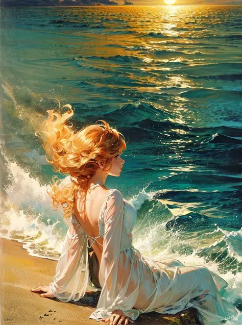 (Masterpiece:1.2), (best quality:1.2), (super high resolution:1.2),
1girl, sitting on the rock, back view, side face, long golden hair, curly hair, sparkling, sea, waves, sea level, sunrise, seabirds, strong wind, looking into the distance, blue-green theme, (style of Delphin Enjolras: 1.4),
