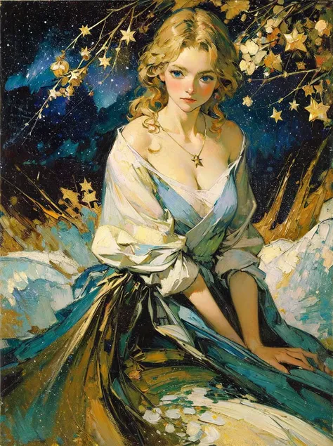 oil painting,in van Gogh style,masterpiece, best quality, detailed,sargent, 1girl,dress, necklace,(Starry Sky:1.2),Magic, Tree,