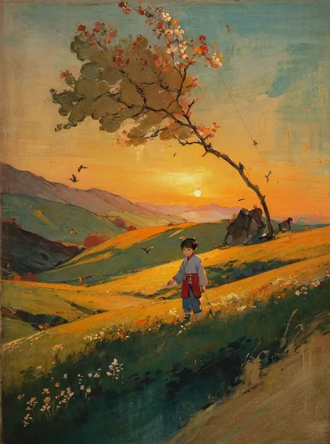 (Masterpiece:1.2), (best quality:1.2), (super high resolution:1.2),
(Traditional Chinese painting: 1.2), landscape painting, meticulous painting, landscape painting, (Chinese little boy: 1.1), kite flying, blue linen clothes, yellow cattle, hillside, sunset, flying birds, meadow, distant view, telephoto composition,