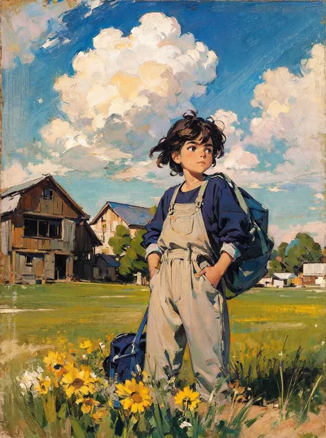 (Masterpiece:1.2), (best quality:1.2), (super high resolution:1.2),
A , son of a carpenter, outdoors, pasture, back, messy hair, shabby clothes, ragged clothes, poor, grass, wooden house, suburbs, blue sky and white clouds, (style of Martiros Saryan)