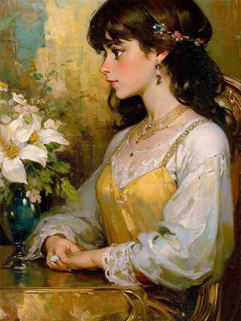 (Masterpiece:1.2), (best quality:1.2), (super high resolution:1.2),
Half-length portrait of woman, profile, sitting on a chair, retro dress, brown curly hair, aristocrat, sapphire necklace, silver earrings, Renaissance, 17th century portrait, flowers, vase, style of Lovis Corinth,