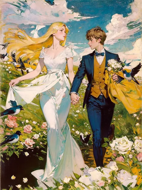 (Masterpiece:1.2), (best quality:1.2), (super high resolution:1.2),
a couple, Boy\(brown shirt, black pants\), girl\(white dress, long blond hair\), holding hands, running, spring, blue sky and white clouds, flower field, roses, jasmine, roses, birds, retro, 16th century, Renaissance ,(style of Pierre Bonnard:1.2)
