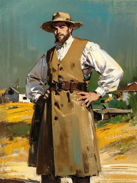 (Masterpiece:1.2), (best quality:1.2), (super high resolution:1.2),
Full body portrait of man, bearded, brown linen hat, belt, one hand on hip, joy of harvest, standing, farmer, farm, sheep, fence, background is wooden house, outdoors, tree branches, Renaissance, 17th century portrait, style of Lovis Corinth ,