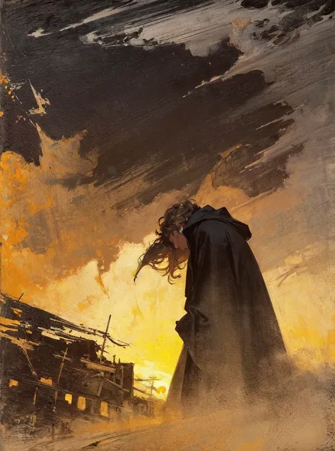 (Masterpiece:1.2), (best quality:1.2), (super high resolution:1.2),
1boy, upper body, white_curly hair, short hair, black robe, St. Peter's Basilica, silhouette, sunset, fog, broken, epic, grand, 15th century, medieval Europe, Peder Balke style,
