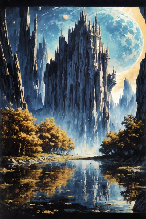 space planet, sun, moon, stars, (big rocks:0.9), (ripples, reflections:0.9), spatial futuristic castle, (small river pond:0.8), space forest, (space village:1.2), (stunning nature aquatic environment:0.8), spaceship, (unknown exotic land:0.9),) (nice alien civilization), (beautiful space fantasy scifi futuristic landscape:0.9, (very detailed:1.2), (best quality:1.2), sharp focus, high contrast, cinematic lights, backlight, shadows, (lens flare:0.4), (vibrant colors, colorful):0.7, (Oxford Brown flowers:0.9) and leaves, <lora:Detail Tweaker LoRA add_detail:0.8><lora:depth_of_field_slider_v1:5> <lora:SDXLrender_v2.0:0.9> <lora:1970RetroFuturism:0.3> 1970retrofuturism