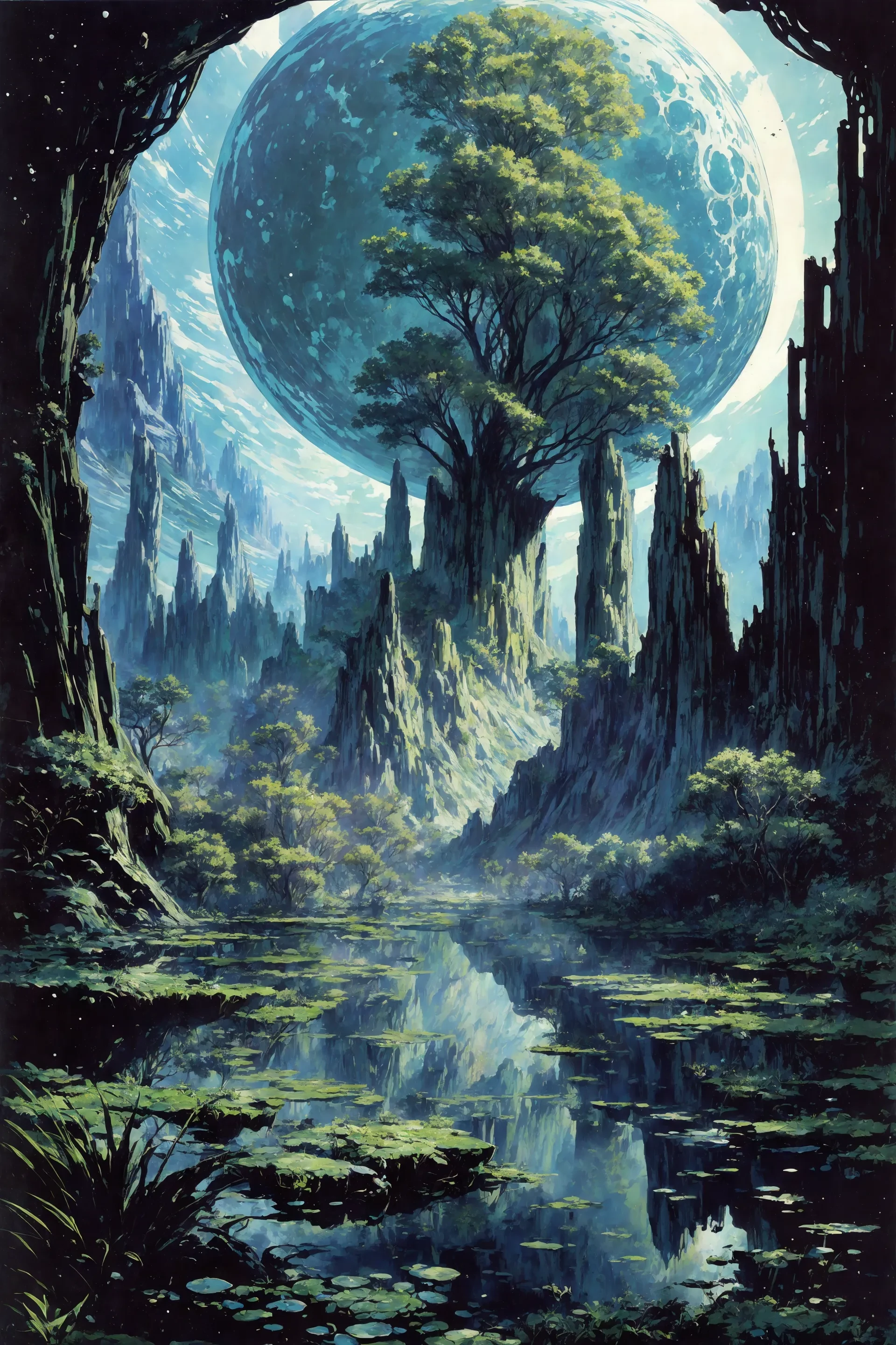 space planet, sun, moon, stars, (big rocks:0.9), (ripples, reflections:0.9), spatial futuristic castle, (small river pond:0.8), space forest, (space village:1.2), (stunning nature aquatic environment:0.8), spaceship, (unknown exotic land:0.9),) (nice alien civilization), (beautiful space fantasy scifi futuristic landscape:0.9, (very detailed:1.2), (best quality:1.2), sharp focus, high contrast, cinematic lights, backlight, shadows, (lens flare:0.4), (vibrant colors, colorful):0.7, (Sage Green flowers:0.9) and leaves, <lora:Detail Tweaker LoRA add_detail:0.8><lora:depth_of_field_slider_v1:5> <lora:SDXLrender_v2.0:0.9> <lora:1970RetroFuturism:0.3> 1970retrofuturism