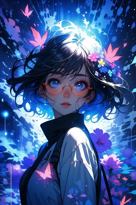 a photo of a woman, freckles, detailed eyes, pink eyes, (rimless eyewear:1.3), sweater, cozy, large breasts, blush,
[white hair|Orange hair], makeup, 
butterfly, 
flowers,  <lora:cozy anime_20230630155224:0.55> cozy anime <lora:wrenchsfantasy:0.45> wrenchsfantasy, fantasy, glowing, glowing eyes, <lora:LCM_LoRA_Weights_SD15:1>