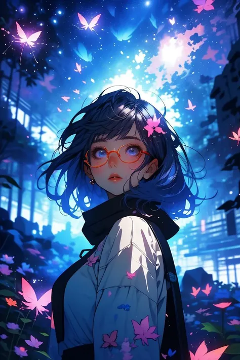 a photo of a woman, freckles, detailed eyes, pink eyes, (rimless eyewear:1.3), sweater, cozy, large breasts, blush,
[white hair|Orange hair], makeup, 
butterfly, 
flowers,  <lora:cozy anime_20230630155224:0.55> cozy anime <lora:wrenchsfantasy:0.45> wrenchsfantasy, fantasy, glowing, glowing eyes, <lora:LCM_LoRA_Weights_SD15:1>