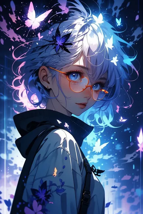 a photo of a woman, freckles, detailed eyes, pink eyes, (rimless eyewear:1.3), sweater, cozy, large breasts, blush,
[white hair|Orange hair], makeup, 
butterfly, 
flowers,  <lora:cozy anime_20230630155224:0.55> cozy anime <lora:wrenchsfantasy:0.45> wrenchsfantasy, fantasy, glowing, glowing eyes, <lora:LCM_LoRA_Weights_SD15:1>