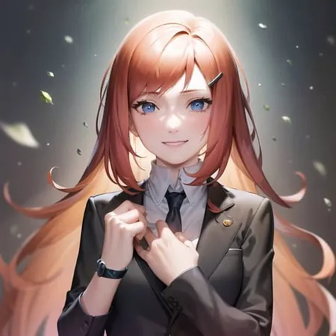 1girl, portrait of kushinaNS, smile, shirt, necktie, black_jacket, black_necktie, collared_shirt, formal, jacket, suit, white_shirt, volumetric lighting, best quality, masterpiece, intricate details, tonemapping, sharp focus, hyper detailed, trending on Artstation, <lora:KushinaNS:1>