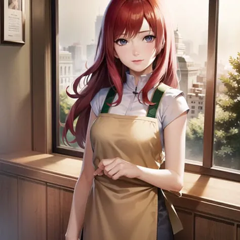 1girl, portrait of kushinaNS, solo, apron,barista, cafe, coffee, bangs, volumetric lighting, best quality, masterpiece, intricate details, tonemapping, sharp focus, hyper detailed, trending on Artstation, <lora:KushinaNS:1>