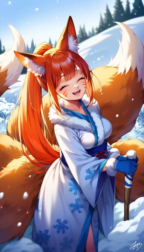 score_9, score_8_up, score_explicit, source_anime, hardcore, BREAK
1girl, fox girl, kitsune, young adult, tall, long  hair, long ponytail,
proud expression, :3, smile, closed eyes, ginger fur, facial marks, medium breasts, extreme detailed skin, five long fluffy fox tail,
fur scarf, long warm white yukata with snowflake pattern, blue warm gloves, blue belt, long white pantihose, fur boots, detailed clothing texture,
masterpiece, standing, proud pose, holding brushwood, snow field background, detailed background, noon, winter, falling snow, face closeup