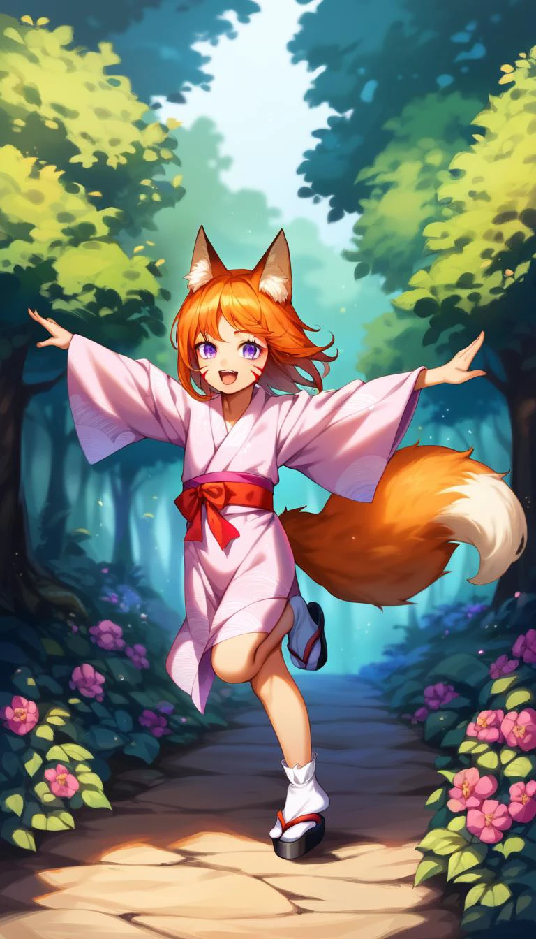 score_9, score_8_up, score_explicit, source_anime, hardcore, BREAK
1girl, fox girl, kitsune, , medium hair,
happy expression, :d, purple eyes, slit pupils, ginger fur, facial marks, (small breasts:0.8), extreme detailed skin, one long fluffy fox tail,
pink yukata with flower pattern, red belt, small white socks, black sandals, detailed clothing texture,
masterpiece, running, spread arms, forest background, detailed background, noon