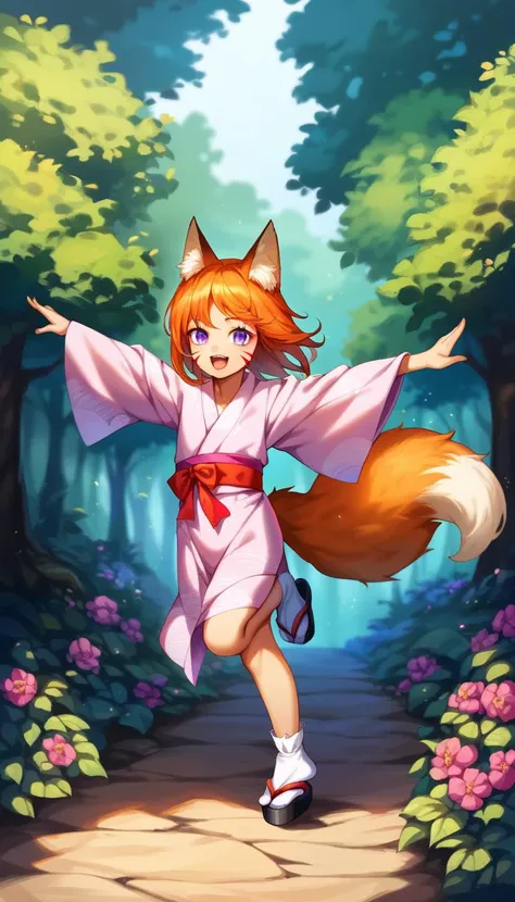 score_9, score_8_up, score_explicit, source_anime, hardcore, BREAK
1girl, fox girl, kitsune, child, medium hair,
happy expression, :d, purple eyes, slit pupils, ginger fur, facial marks, (small breasts:0.8), extreme detailed skin, one long fluffy fox tail,
pink yukata with flower pattern, red belt, small white socks, black sandals, detailed clothing texture,
masterpiece, running, spread arms, forest background, detailed background, noon